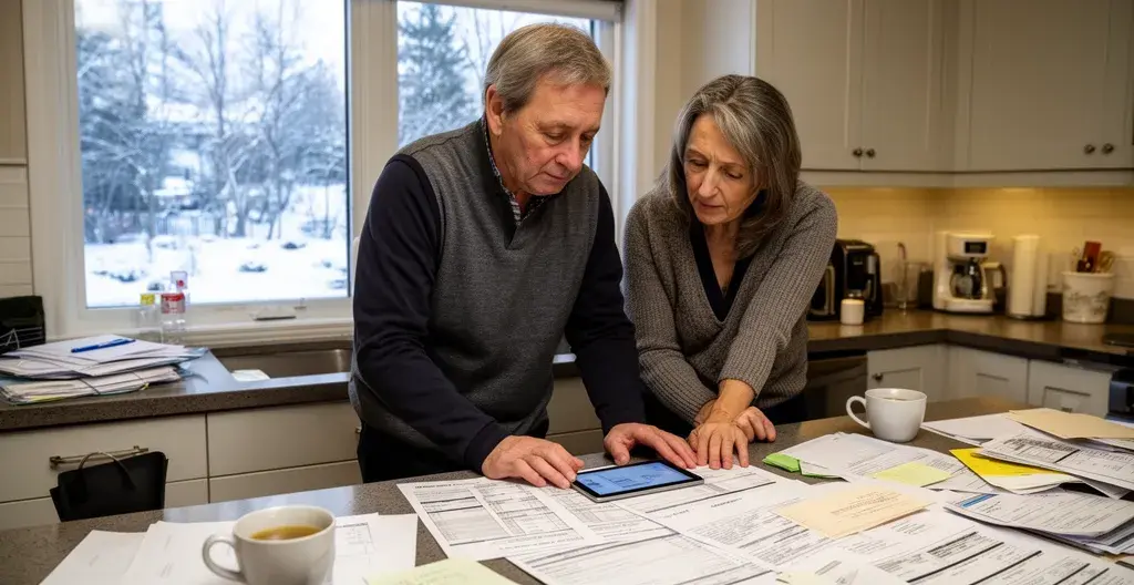 Couple québécois consultant des soumissions sur tablette dans leur cuisine