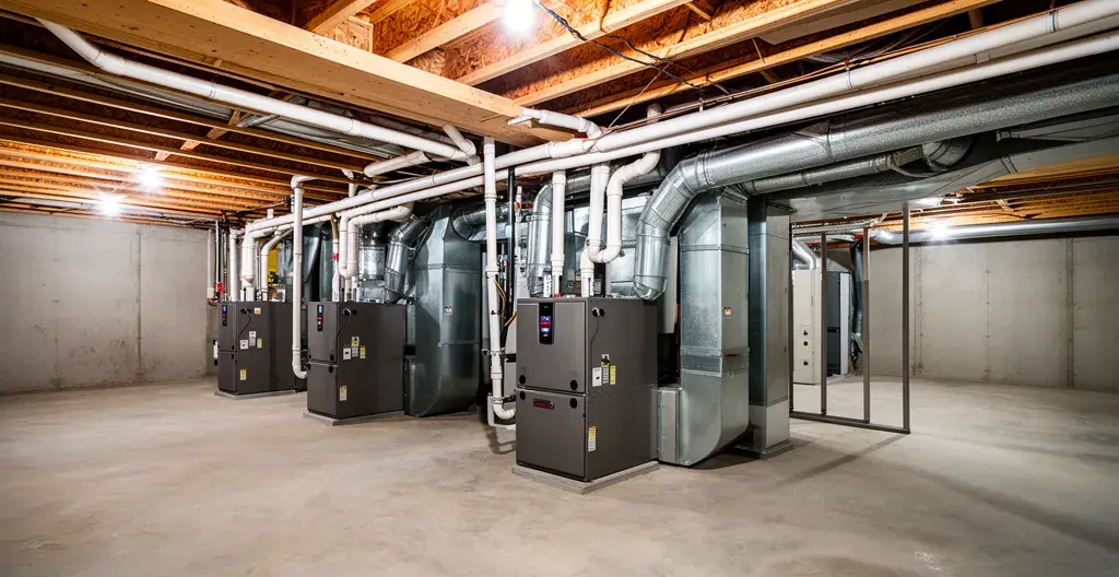Espace mécanique résidentiel avec fournaise et système de conduits au sous-sol