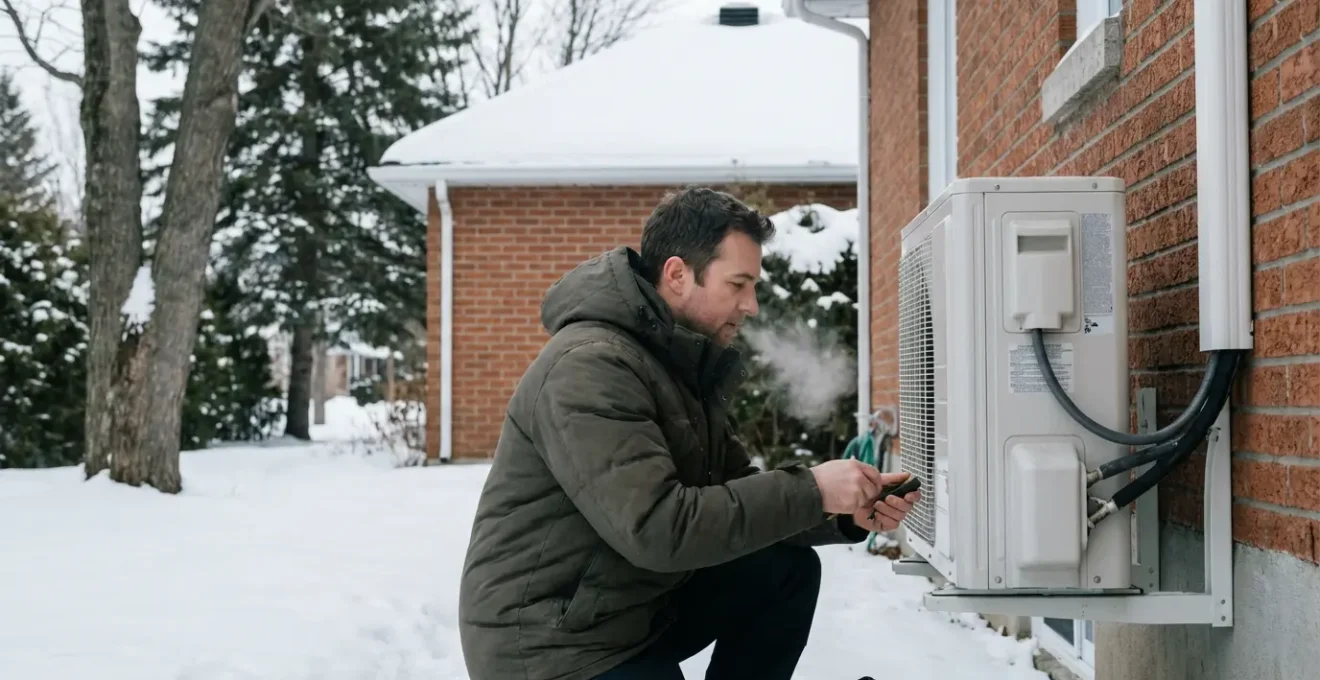 Technicien CVAC inspectant une thermopompe extérieure sur une maison québécoise en hiver