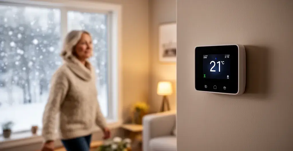 Thermostat intelligent affichant 21 degrés dans un salon québécois avec vue sur l'hiver